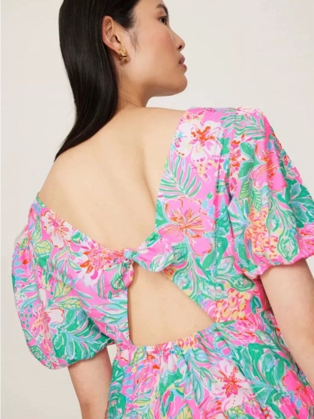 Lilly Pulitzer Pink Green Floral V-Neck Tiered Mini Dress - Picture 6 of 15